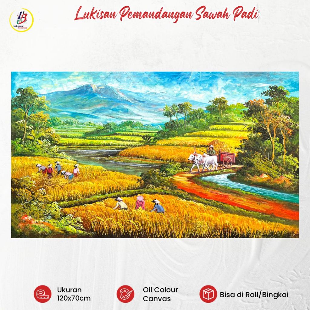 Lukisan Bandung Pemandangan Sawah Padi 120x70cm Lukisan Pedesaan Alam Nusantara