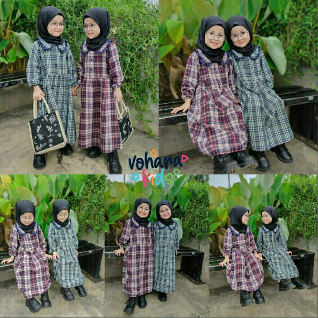 gamis anak katun flanel 1-4th gamis anak motif kotak kotak
