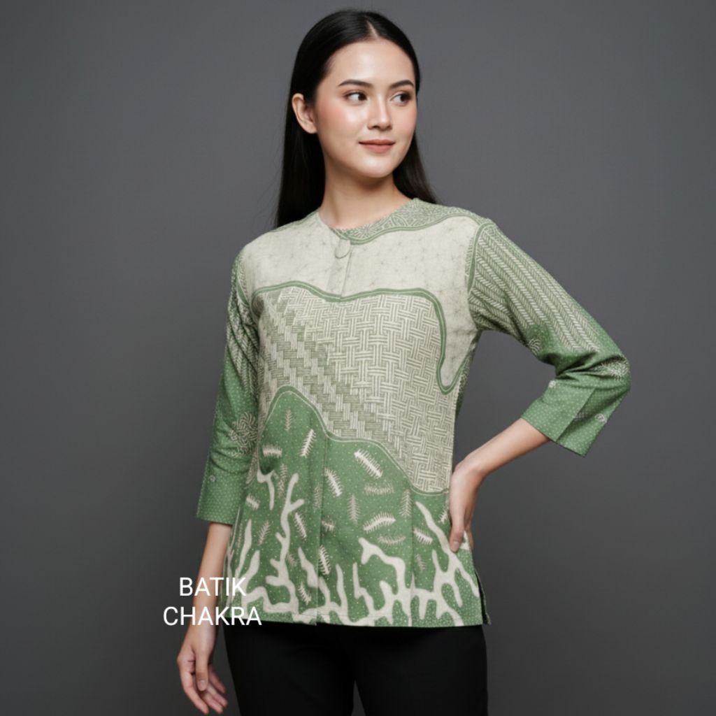 Blus batik wanita modern HIJAU SAGE bahan katun lapis full trikot motif terbaru