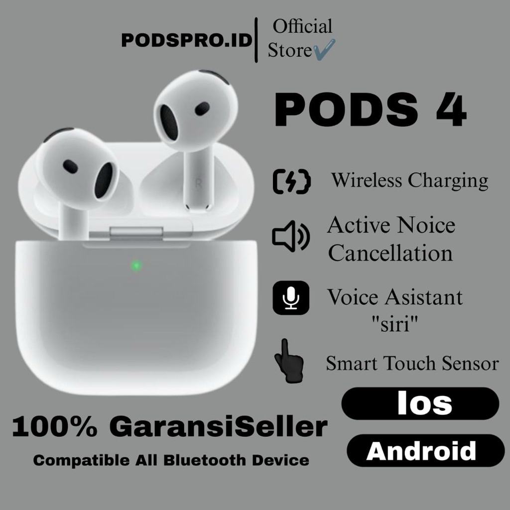 Pods Gen 4 ANC Terbaru 2026 With Wireless Charging Case Bergaransi TWS Bluetooth Original 100%