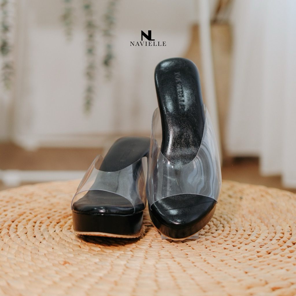 NAVIELLE - Minka Shoes Hitam Sandal Wedges Transparan Selop Tinggi 7 Cm Upper Mika Wanita Baru Bahan