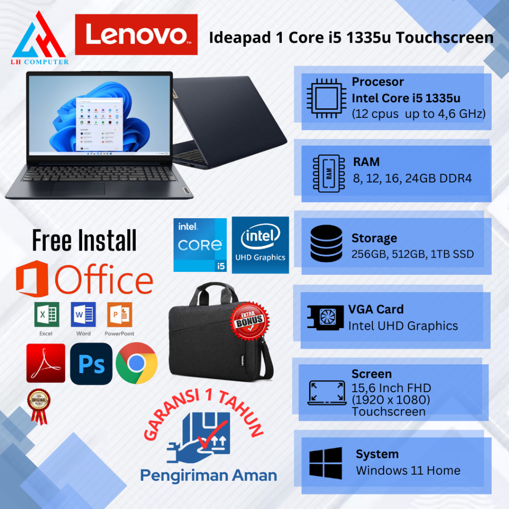 Laptop Baru Lenovo Ideapad 1 Core i5 1335u 12cpus up to 4.6Ghz | 3 Core 5 120u 12cpu up to 5.0Ghz
