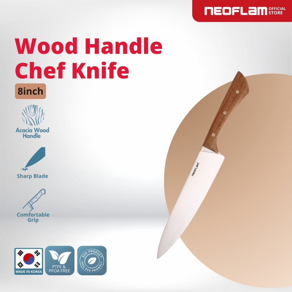 NEOFLAM Wooden Handle Chef Knife 8 Inch - Pisau Gagang Kayu Serbaguna Stainless Steel & Tajam