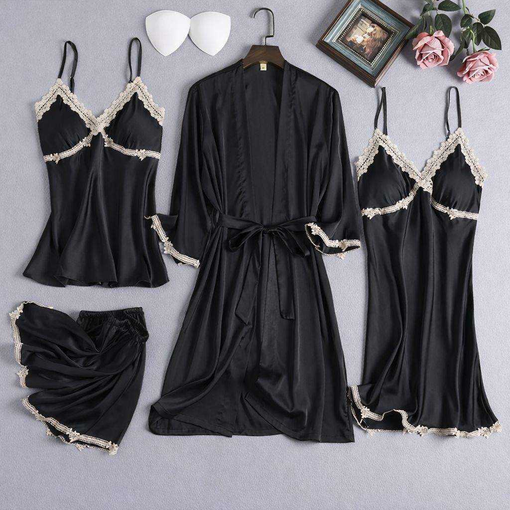 Piyama Wanita 4in1 Set Kimono Sutra – Baju Tidur Silk Sutra List Premium Import | SHANUM