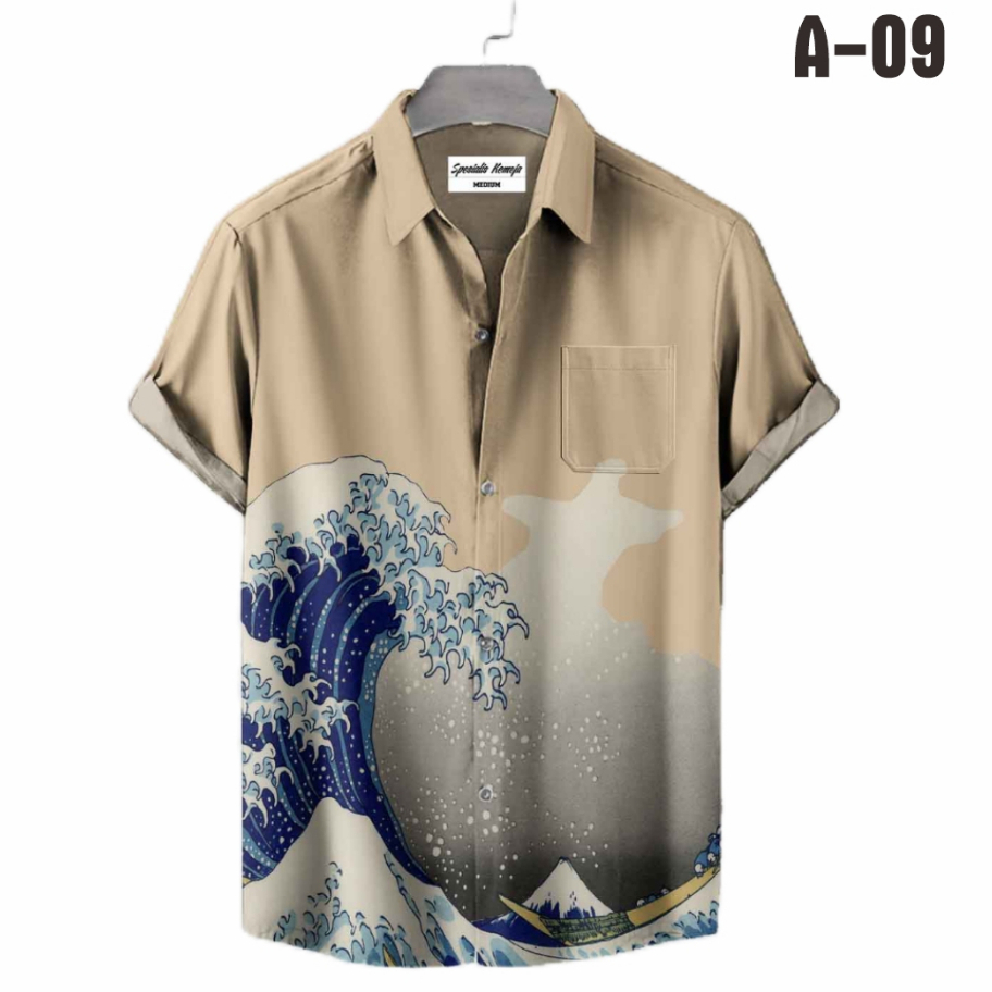 Kemeja Kasual Pria Hawaii Motif Ombak Harajuku Pantai Kanagawa Fullprinting A-09