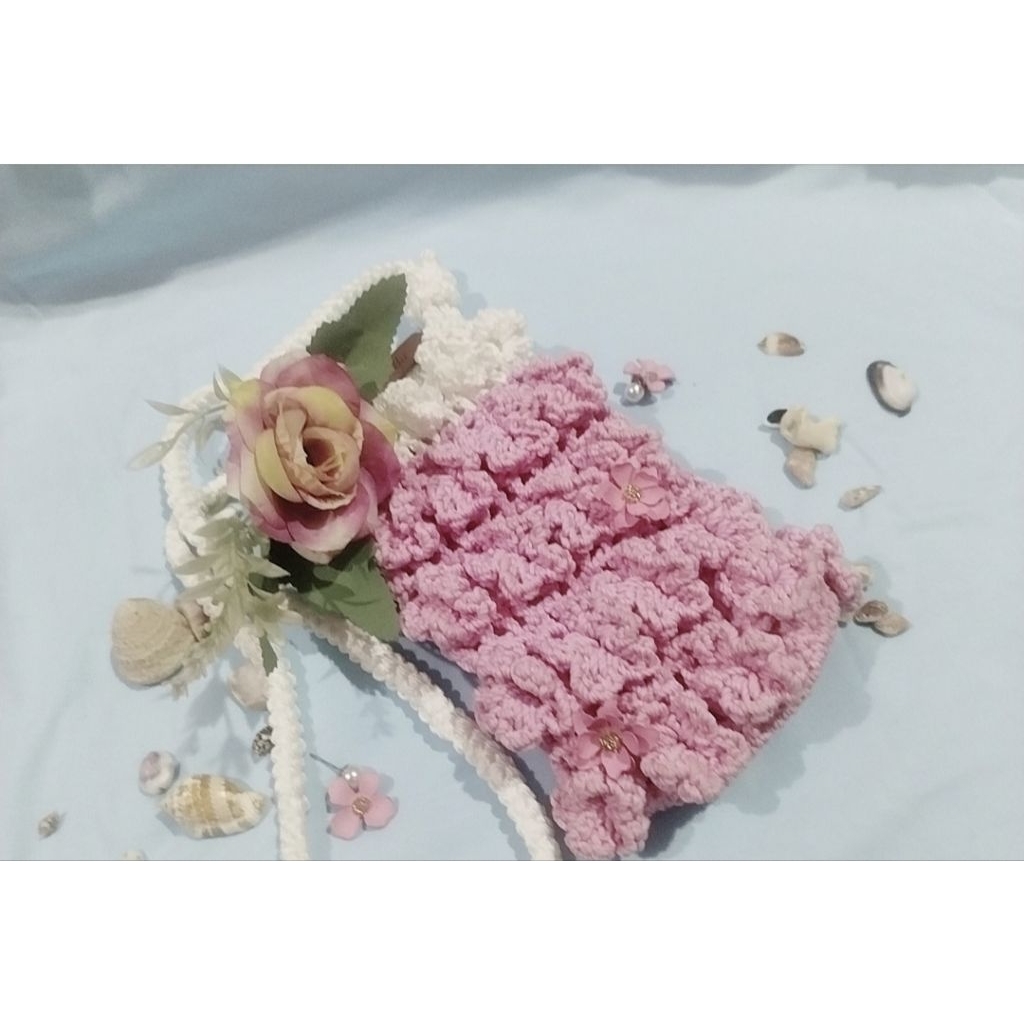 tas rajut hp/pink blussom crochetbag/tas lucu/tas mini