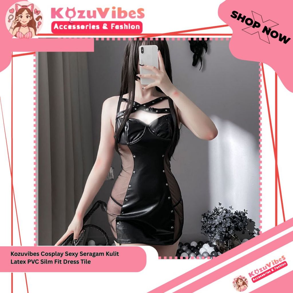 Kozuvibes Cosplay Sexy Seragam Kulit Latex PVC Slim Fit Dress Tile