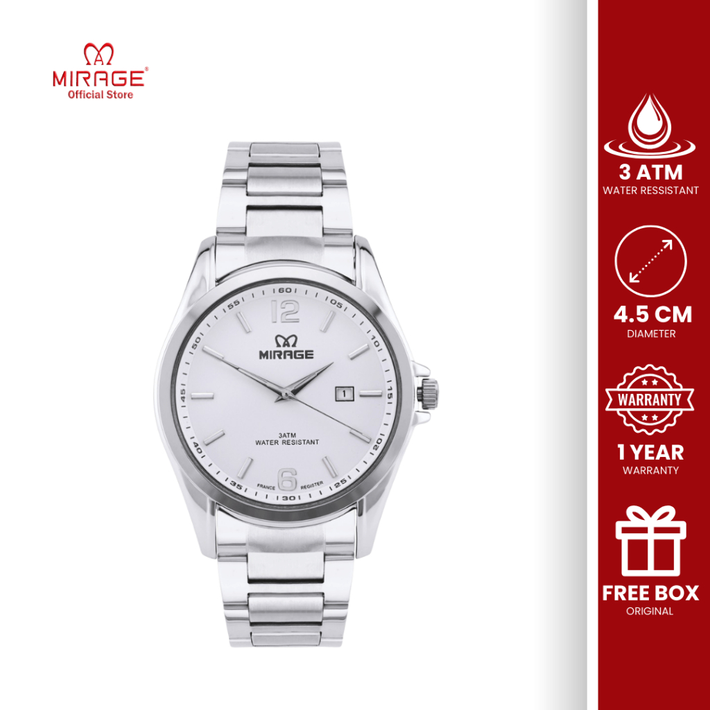 Mirage Jam Tangan Analog Pria Kasual Klasik Tanggal Aktif Anti Air Steel Silver Original 8710 M