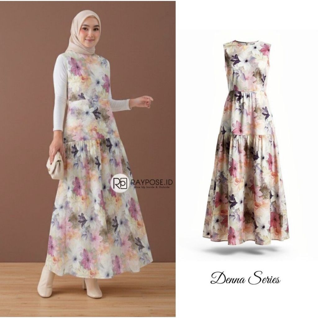 Raypose.id - Tropical Floral Dress Bunga Cantik Panjang Berfuring | Dress Motif Tanpa Lengan