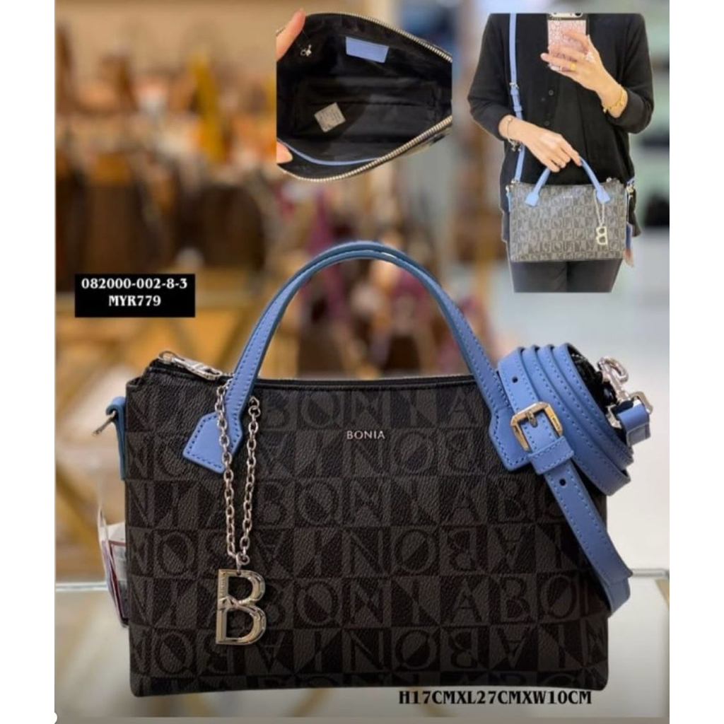TAS BONIA ORIGINAL MONOGRAM HITAM TALI BIRU