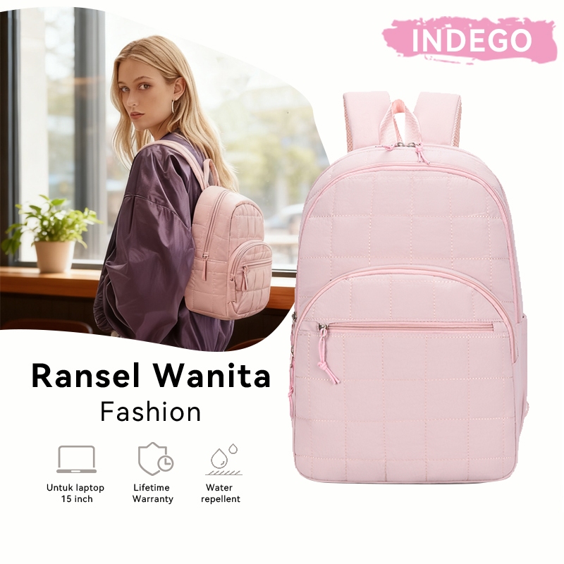 INDEGO - Backpack Laptop 15 Inch, Travel Backpack for Women, Ransel Quilted Water Backpack, Laptop W