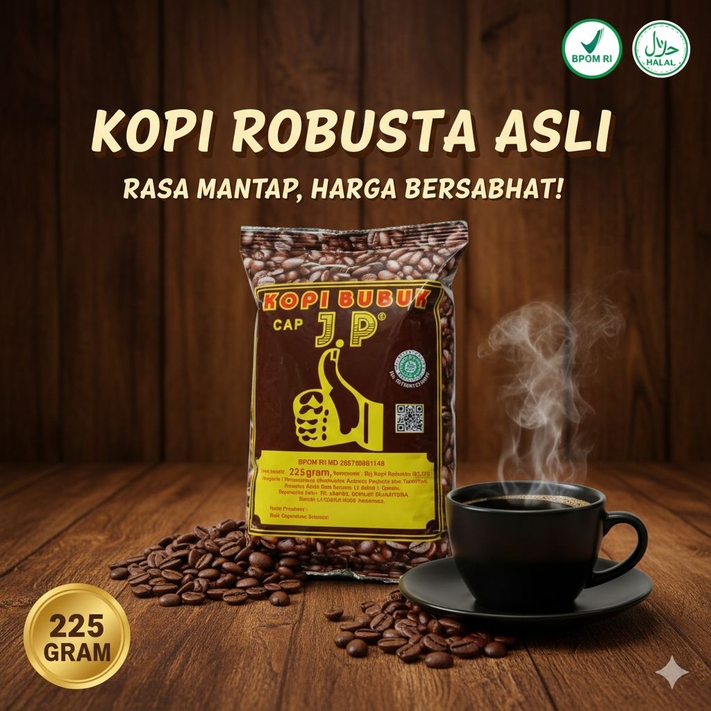 Kopi Bubuk Cap J.P 225gr - Kopi Hitam Robusta Asli Lampung Aroma Kuat & Mantap - BPOM & Halal