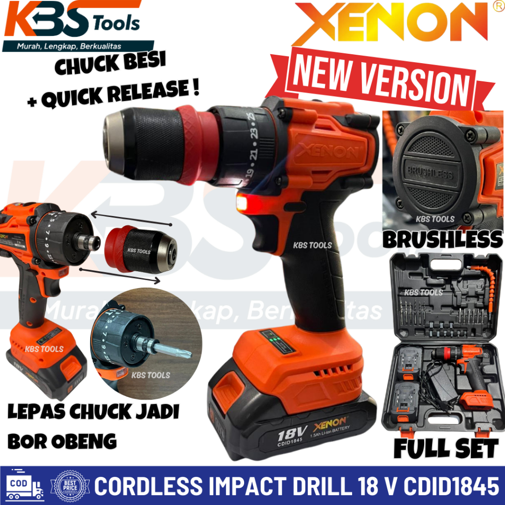 Cordless Drill Impact Mesin Bor Baterai Tembok Beton 18 V Full Set 2 Baterai XENON CDID1845 Bor Port