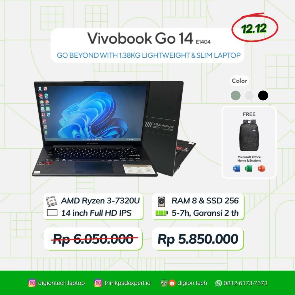 ASUS Vivobook Laptop Go 14 E1404FA (Black Classic) AMD Ryzen 3 7320U RAM 8 GB SSD 256 GB LAPTOP ASUS