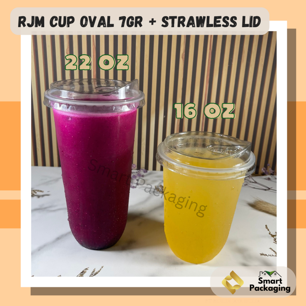 [Isi 50 Pcs] Rjm Gelas Plastik Oval Pp 16 Oz 22 Oz 7Gr + Strawless Lid Rjm Imp / Cup Plastik Datar +