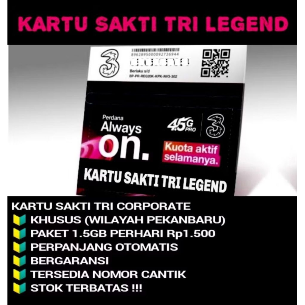babex.id - Kartu Perdana TRI CORPORATE LEGEND 1.5GB 1500 Perhari (Permanen)