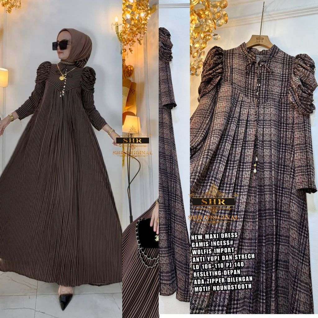 SHR Maxi Dress Gamis Inces Wolfis Salur Kotak Anti Yuti Dan Strech original SHR