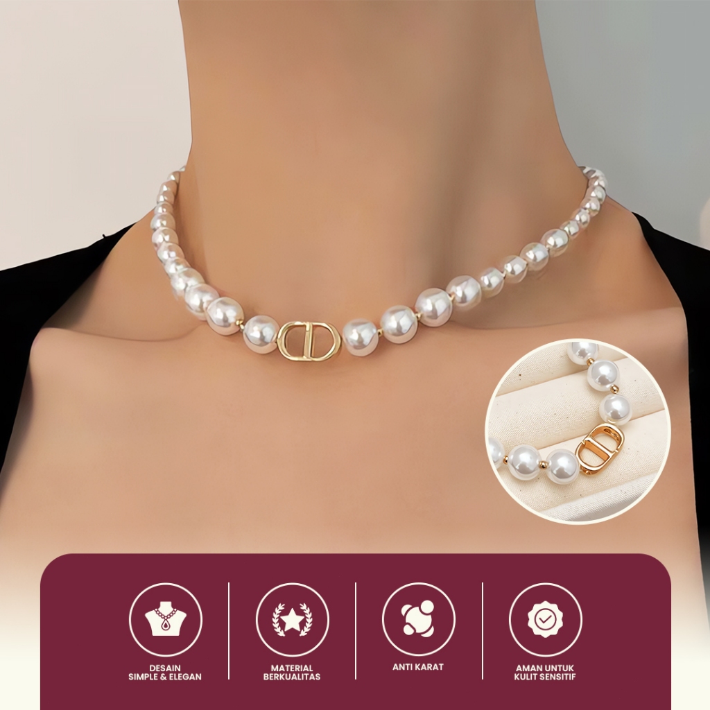 Kalung Mutiara Elegan Wanita Model Choker Simple Mewah Warna Putih Aksen Emas Anti Karat
