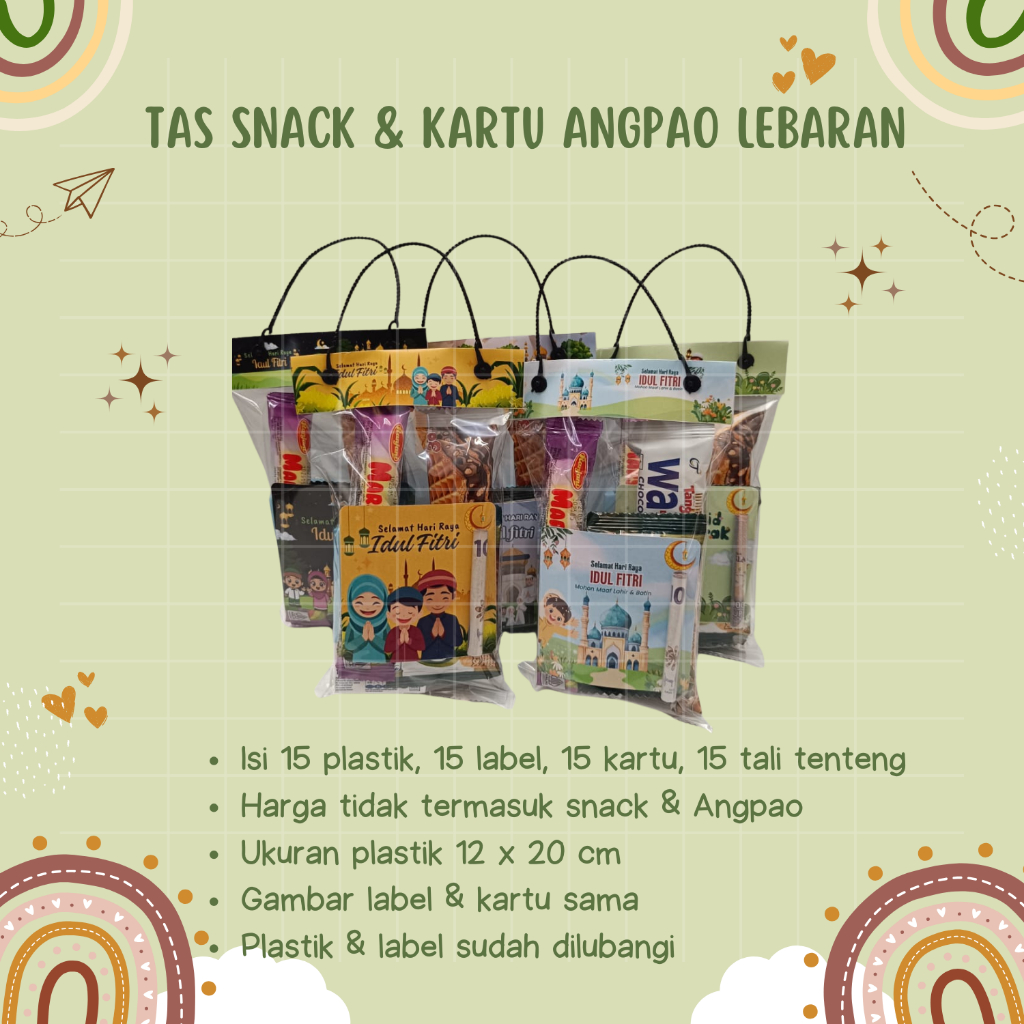 (Isi 15) Paket Tas Parcel Snack dan Kartu Angpao Lebaran / Plastik Parcel dan Amplop Angpao Lebaran