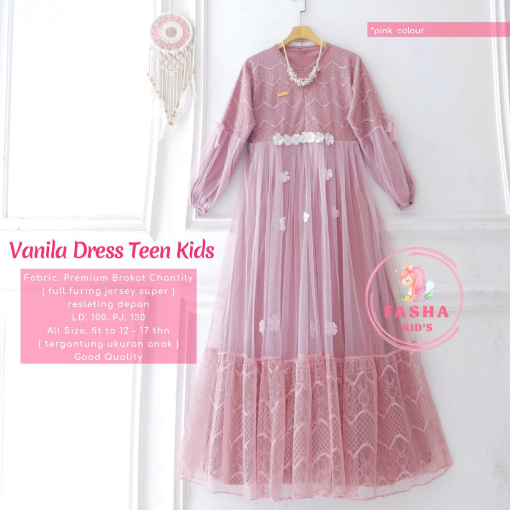 gamis anak perempuan remaja tanggung 12-17 tahun vanila dress ori fasha kids