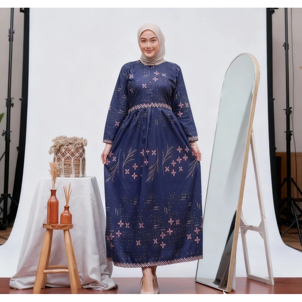 Biru Dongker Motif Bunga| Gamis Batik Bumil busui katun Standart & Jumbo Katun Polimicro