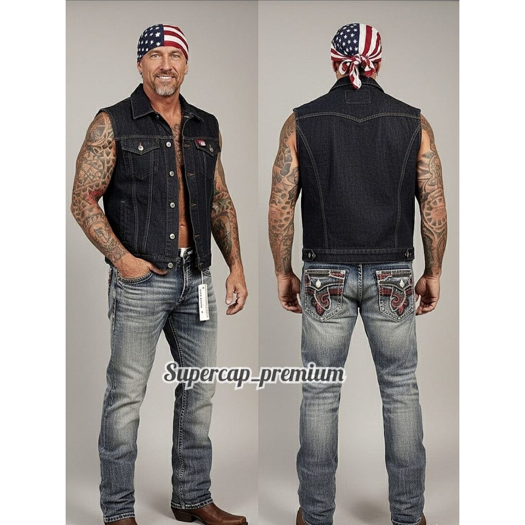 SUPERCAP Celana panjang jeans pria keren ROCK REVIVAL blue washed ripped slim straight/jeans pria ke