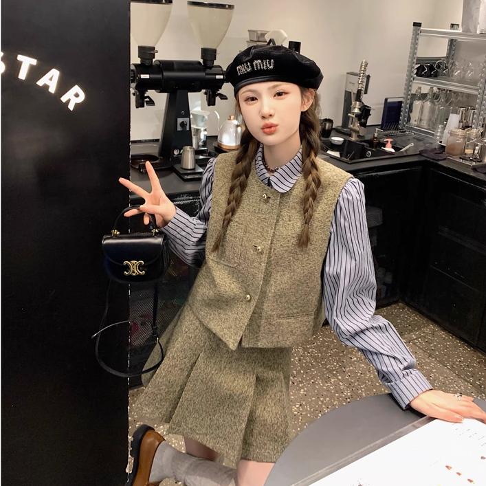 By Her Official - 3in1 Set (Kemeja + Vest + Skirt) / Atasan Vest Wanita / Rok Wanita / Rompi Wanita 