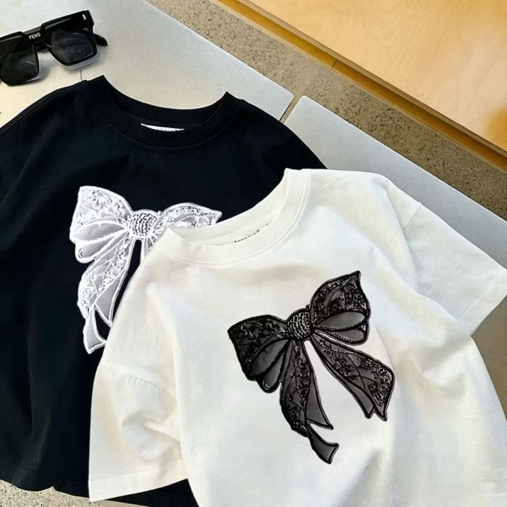 ￼korea style Putih T-shirt cotton Kaos Atasan Anak laki-laki Perempuan | Kaos Anak Motif bow Sablon 