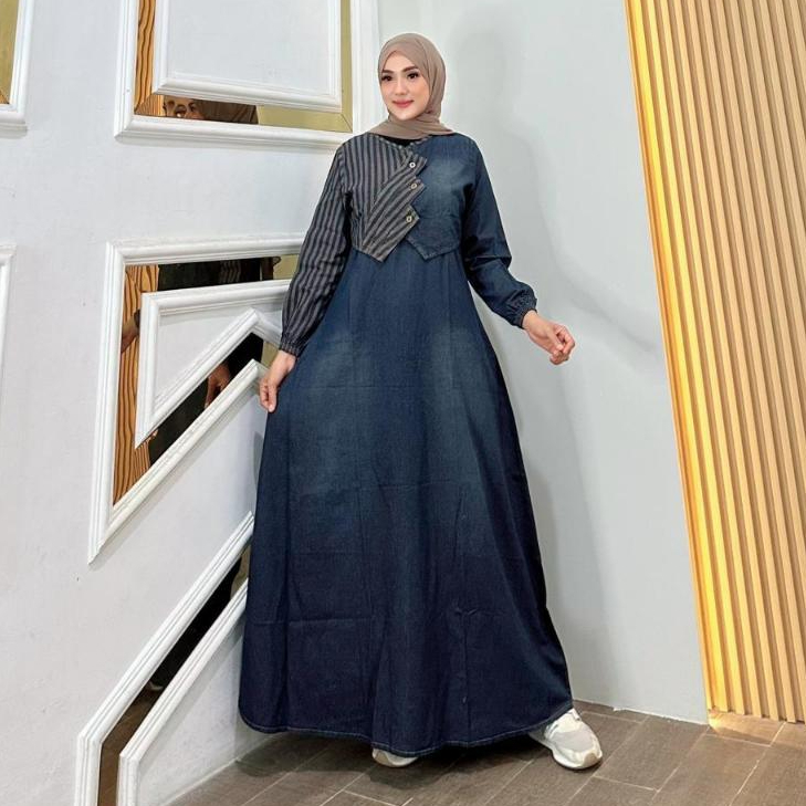 Prily Gamis Rompi Jeans Salur Fashion Muslim Wanita Kekinian