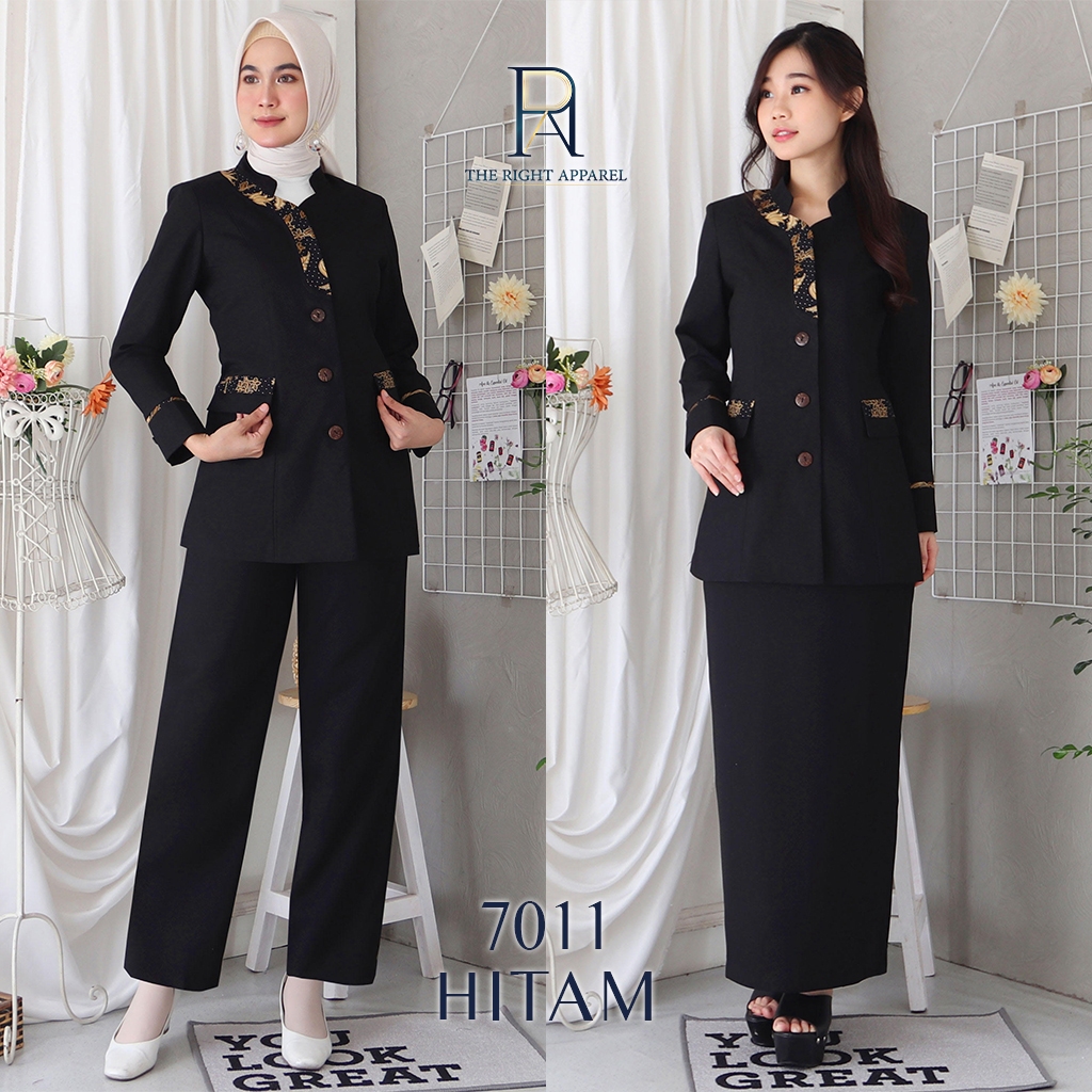 Blazer Seragam Wanita Kerah Shanghai /Mandarin Lengan Panjang Detail Variasi Batik Lurus Stelan ROK 