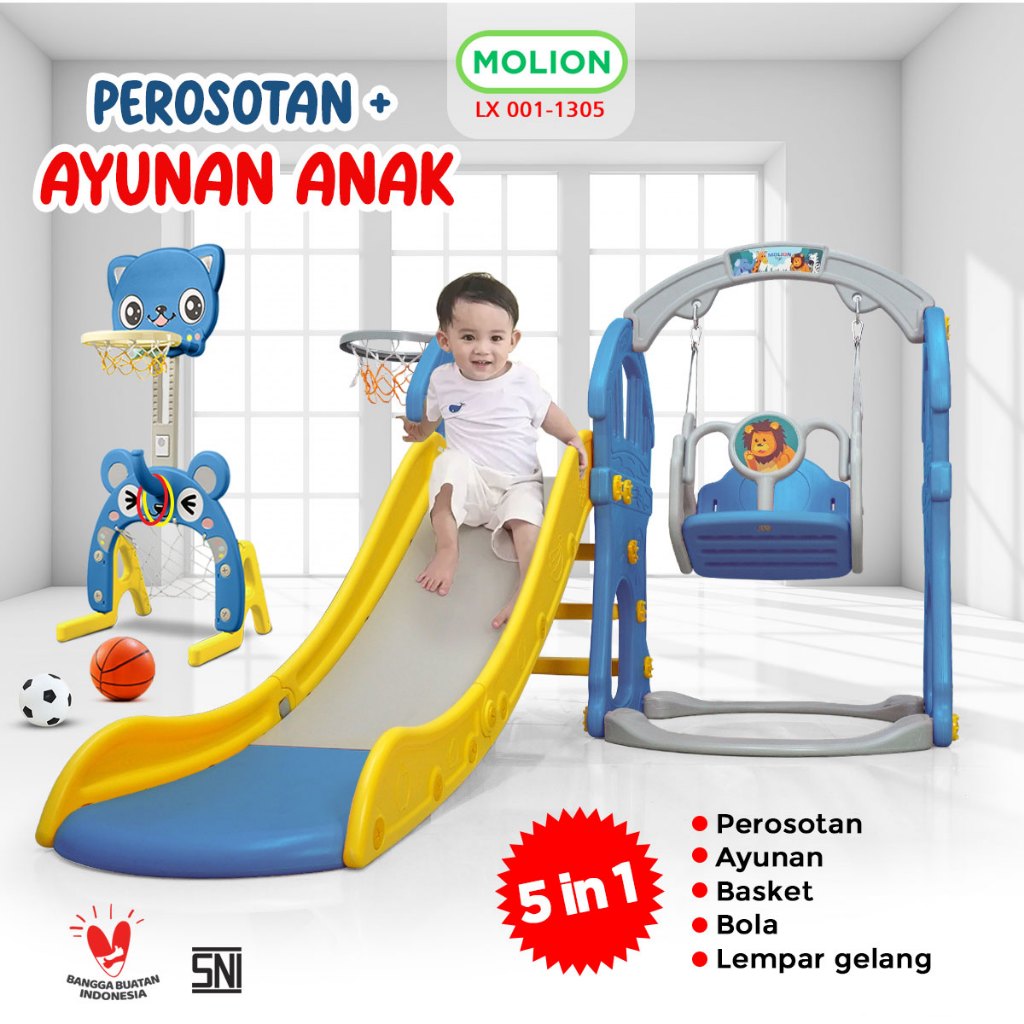 MOLION SNI Perosotan Anak Mainan Prosotan Anak Anak Slide + Ring Basket Playgroun Ayunan Portable Pr