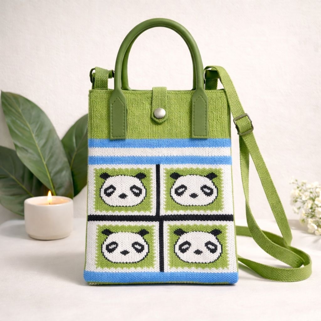 Tas Rajut Panda Mini Motif Panda Kotak | Tas Selempang & Handbag Wanita Lucu