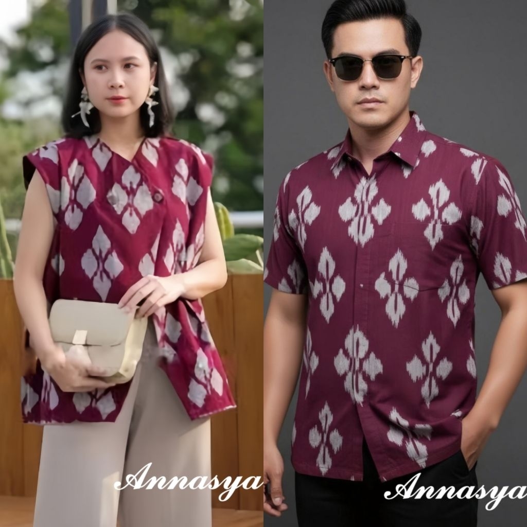 BAJU COUPLE BATIK TENUN. KEMEJA PRIA dan ROMPI WANITA YURA VEST TENUN