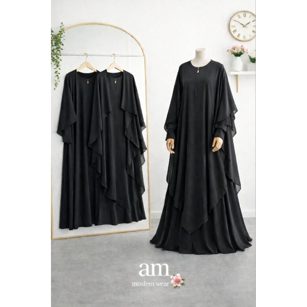 AmW Gamis Abaya Outer Set Gamis Safar dan Cadar Tali Dewasa S M L dan XL