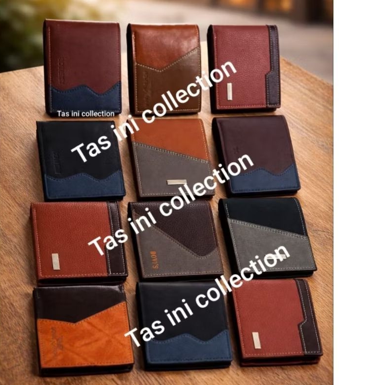 Dompet pria kulit pu isi 12 pcs dompet lipat 2 ruang resleting dalam