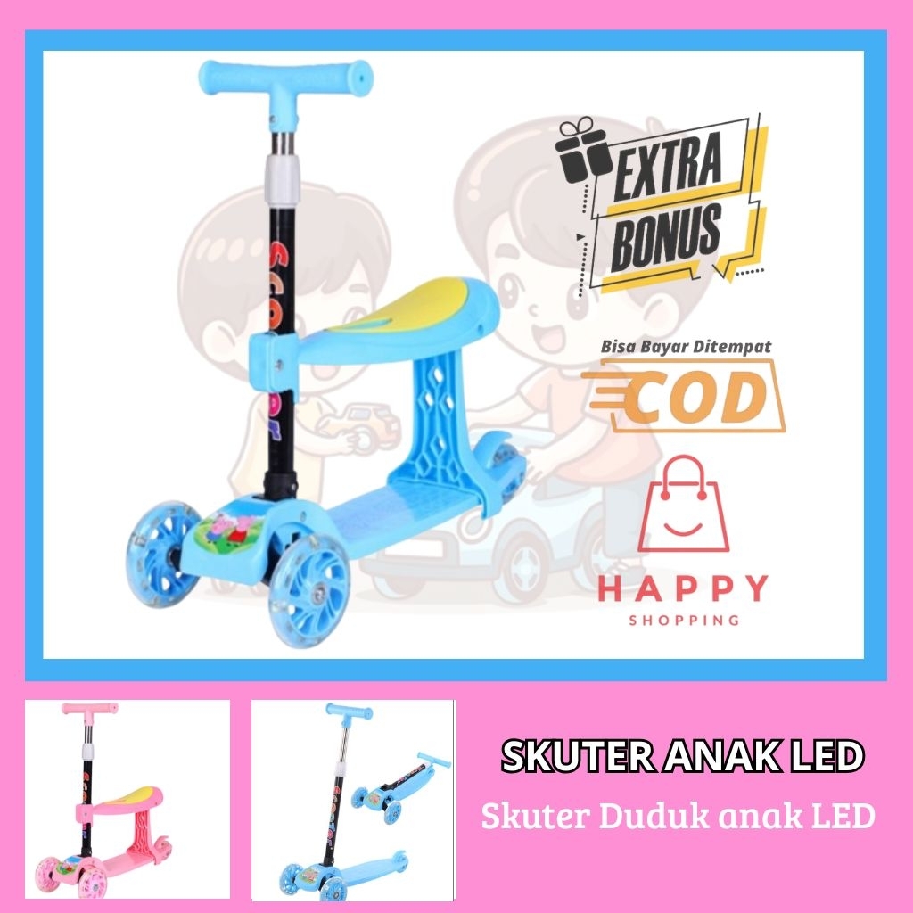 Skuter Roda 3 Lipat LED anak,skuter anak roda 3 lipat LED,skuter duduk anak 3in1 Lipat+rem belakang+