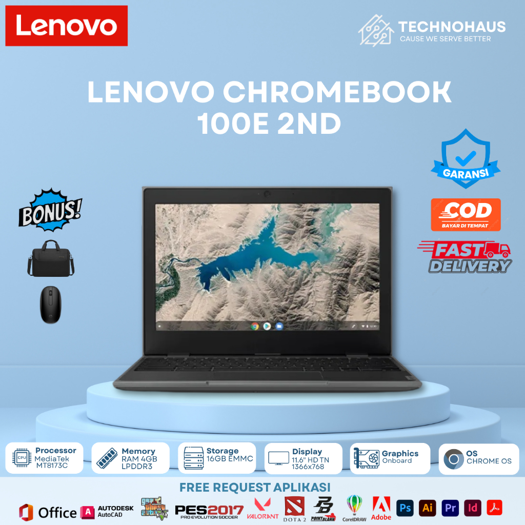 LENOVO CHROMEBOOK 100E 2ND MEDIATEK RAM 4GB EMMC 16GB ORIGINAL BERGARANSI