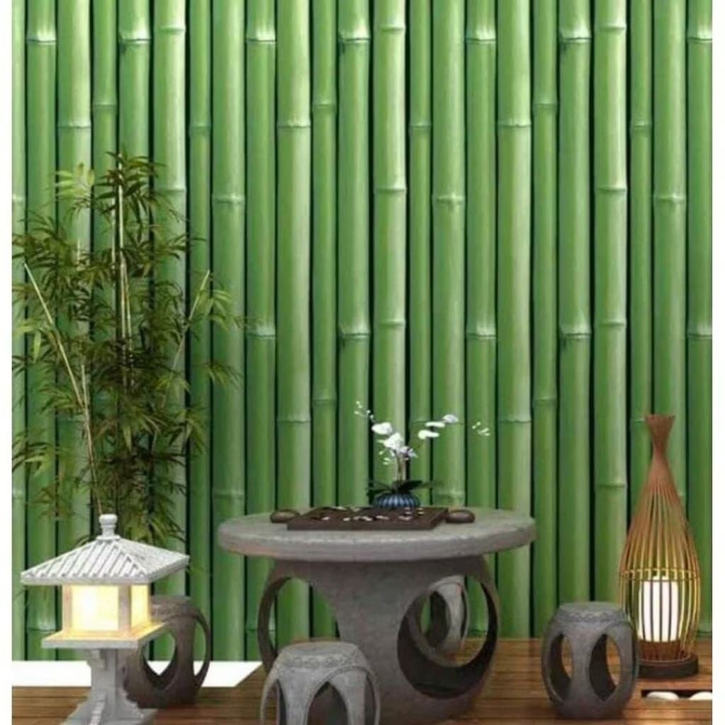 Wallpaper dinding termurah motif bambu hijau list hitam