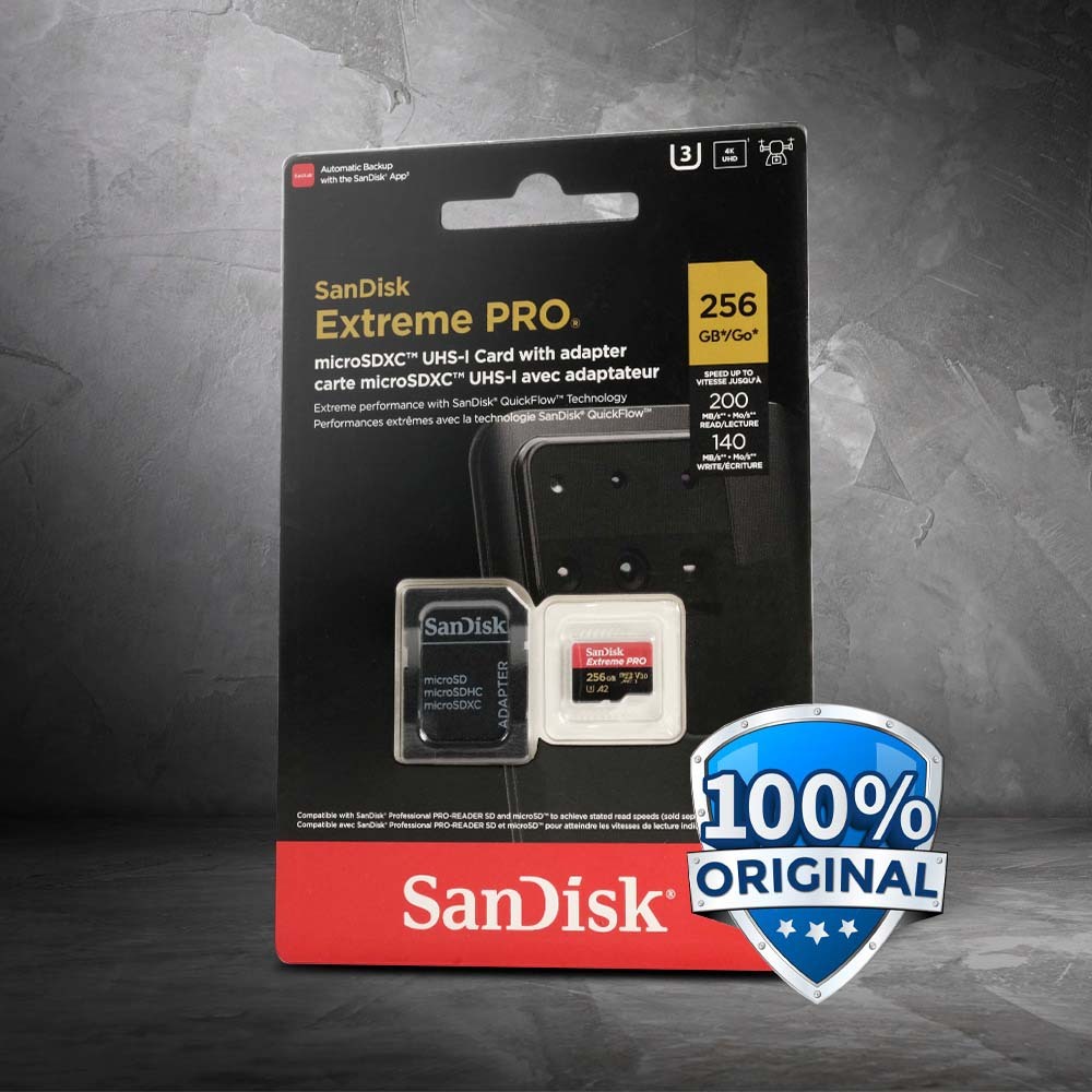 256GB SanDisk Extreme Pro microSDXC UHS-I A2 V30 200MB/s SDSQXCD-256G dengan Adaptor Micro-SD Origin