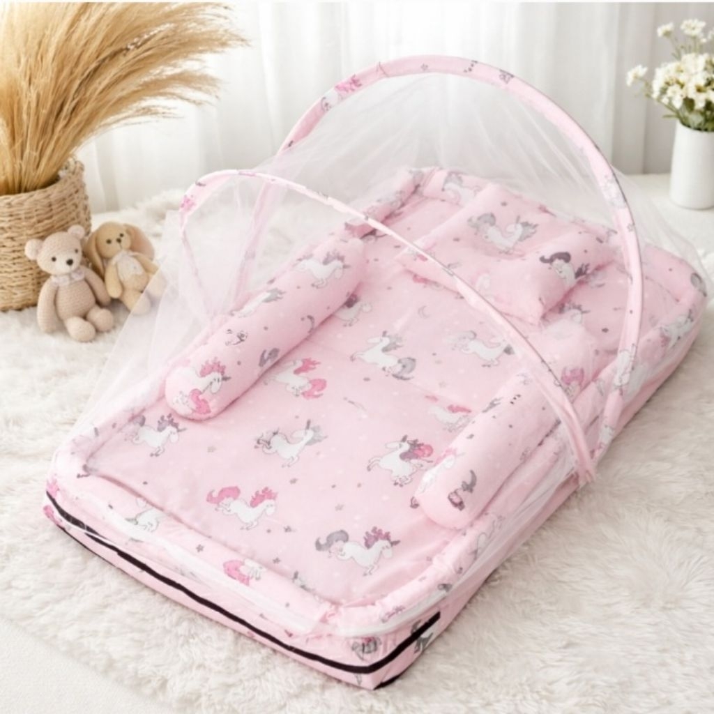 [ CEKCEK DULU ]  >> PAKET KASUR KELAMBU BAYI / Set Kasur Bayi / Warna Pink / Motif Unicorn / + Kelam