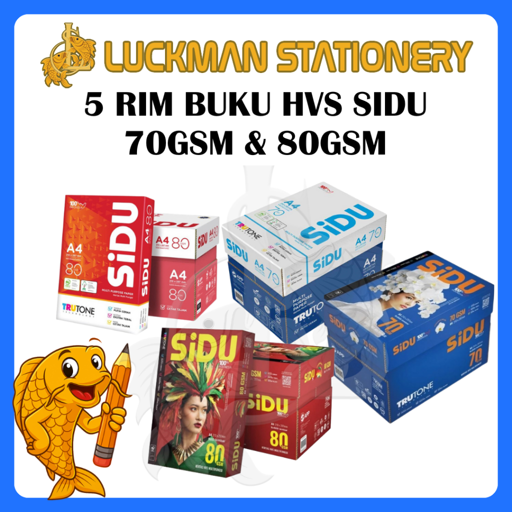(DUS) SIDU KERTAS HVS A4 F4 70 GSM 70 GRAM SIDU 80 GSM 5 RIM - KERTAS PRINT FOTOCOPY SINAR DUNIA