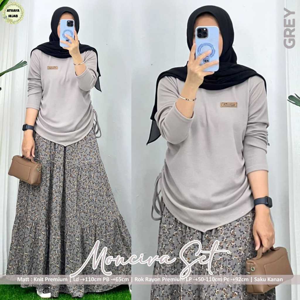 Monciva Set Setelan Rok Blouse Muslimah Wanita Original Radius Knit Premium Rayon Premium Motif Flor
