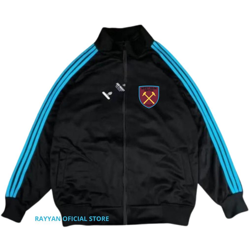 Westham Jacket Tracktop Unisex Footbal Club Top Eropa / Dunia Warna Hitam Motif List Tangan Biru Sz 