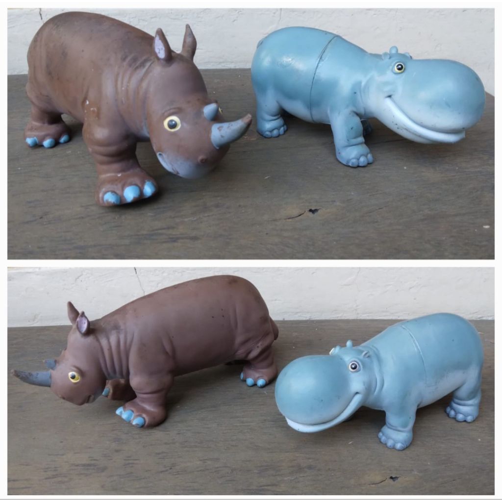 Figure Mainan karet set dapat 2pc : Badak bercula satu (Rhino) dan Kuda Nil