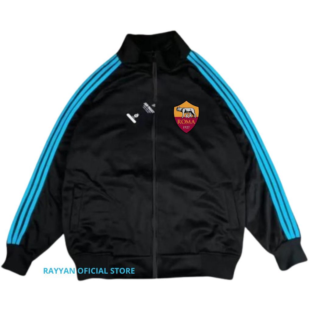 As Roma Jacket Tracktop Unisex Footbal Club Top Eropa / Dunia Warna Hitam Motif List Tangan Biru Sz 