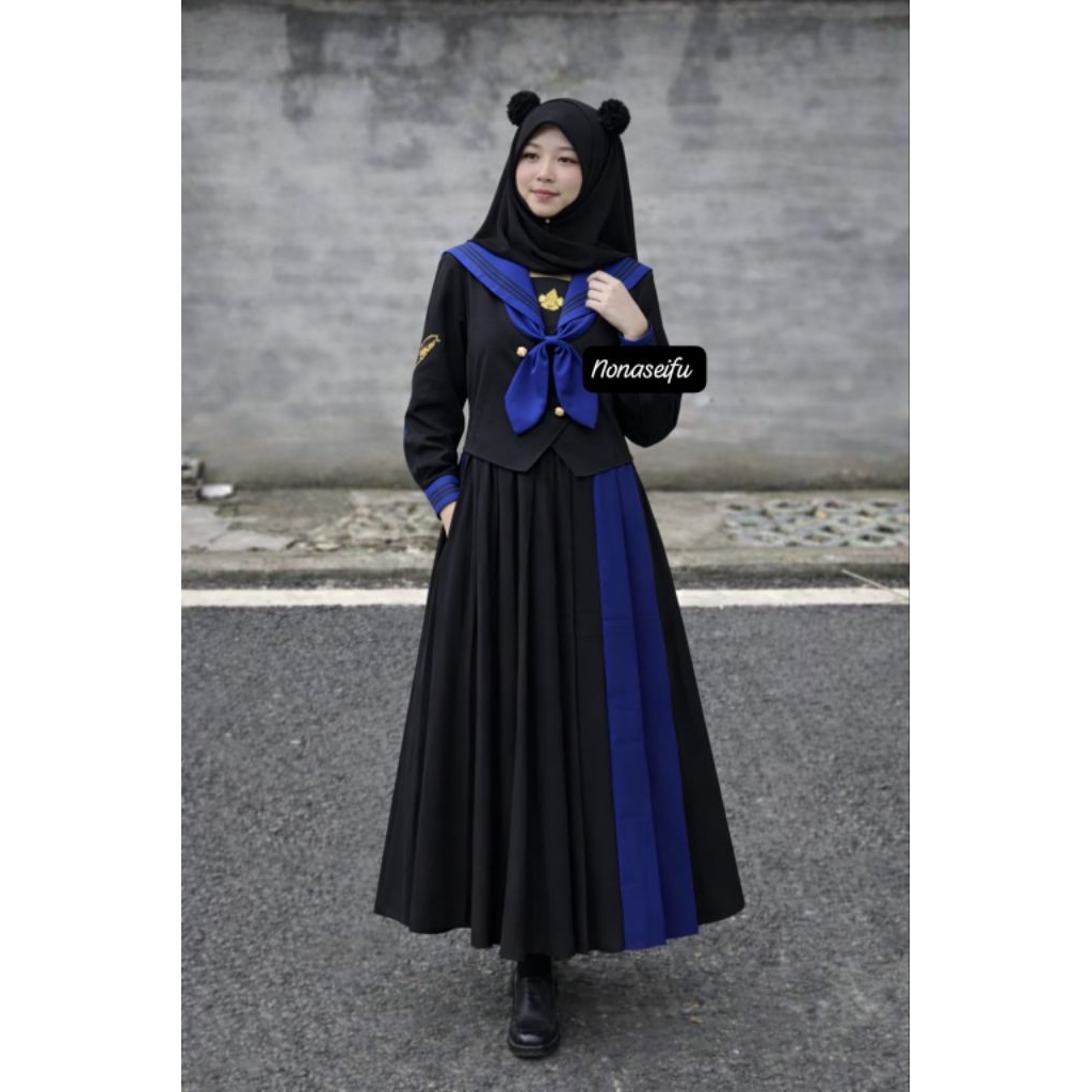 nonaseifu - setelan hijab ootd seifuku seragam sekolah jepang mix blue black