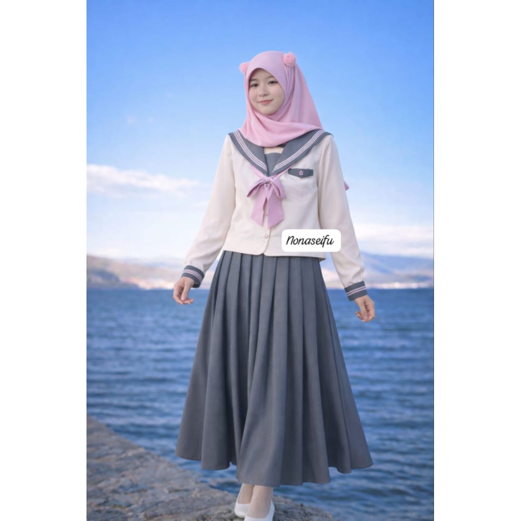 nonaseifu - setelan hijab seifuku ootd abu bw sekolah jepang kawaii