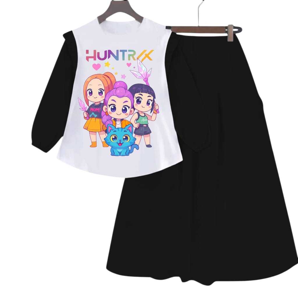 Setelan Baju muslim anak perempuan rok polet Demon kucing lucu terbaru usia 3-14 tahun