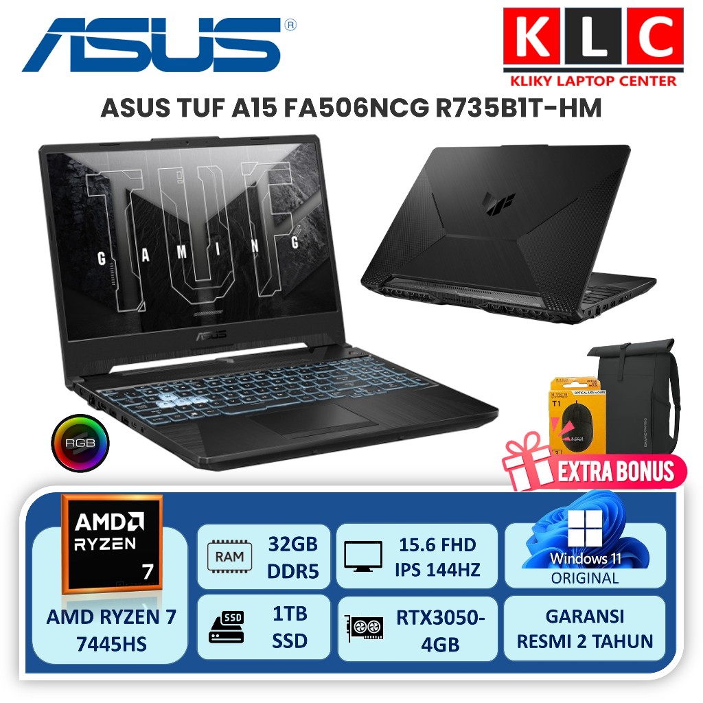 Laptop Gaming Murah ASUS TUF A15 FA506NCG RYZEN 7-7445HS RTX3050-4GB 32GB 1TB SSD 15.6 FHD IPS 144Hz