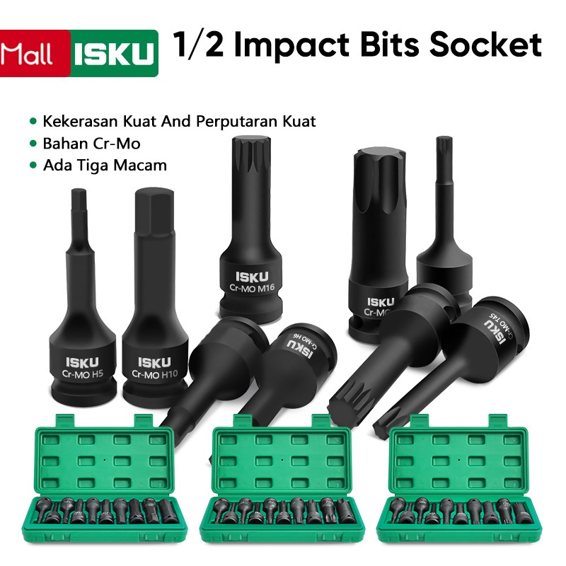 ISKU Impact Bits Socket 10pcs Bahan Cr Mo 1/2 Inch Mata Socket Impact  Driver Torx Hex Socket Set To